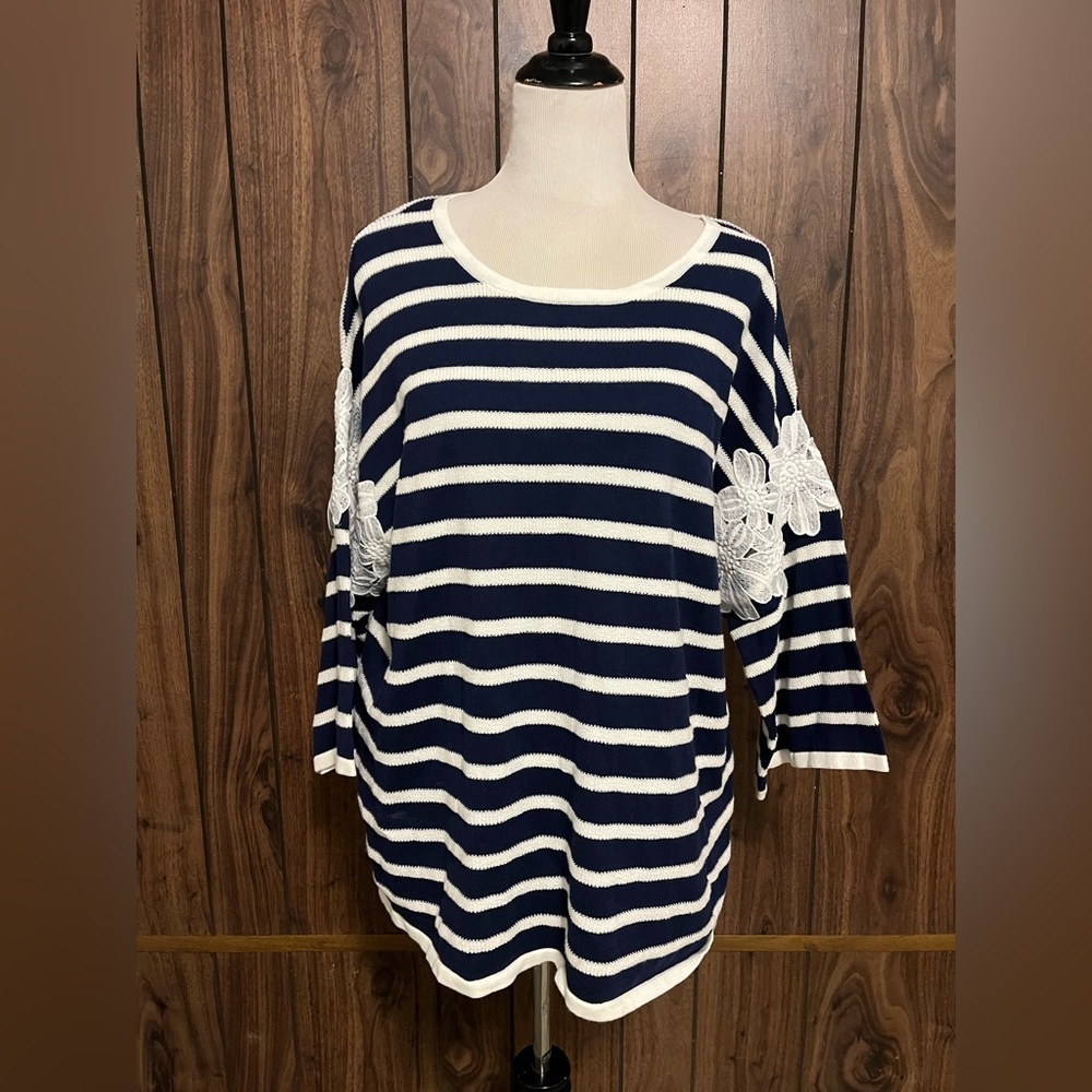 Lane Bryant Navy/White Stripe Pullover Floral Lace Long Sleeve Sweater Sz 18/20